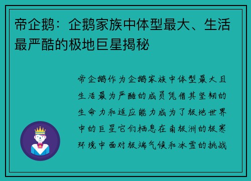 帝企鹅：企鹅家族中体型最大、生活最严酷的极地巨星揭秘