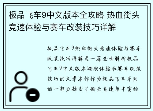 极品飞车9中文版本全攻略 热血街头竞速体验与赛车改装技巧详解