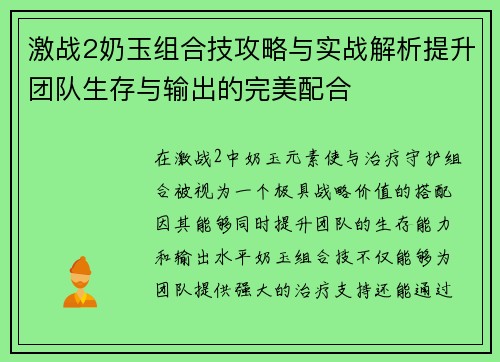 激战2奶玉组合技攻略与实战解析提升团队生存与输出的完美配合